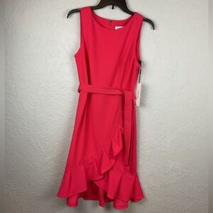 NWT Calvin Klein Hibiscus Pink Faux Wrap Sleeveless Dress Ruffle Hem Sz 8